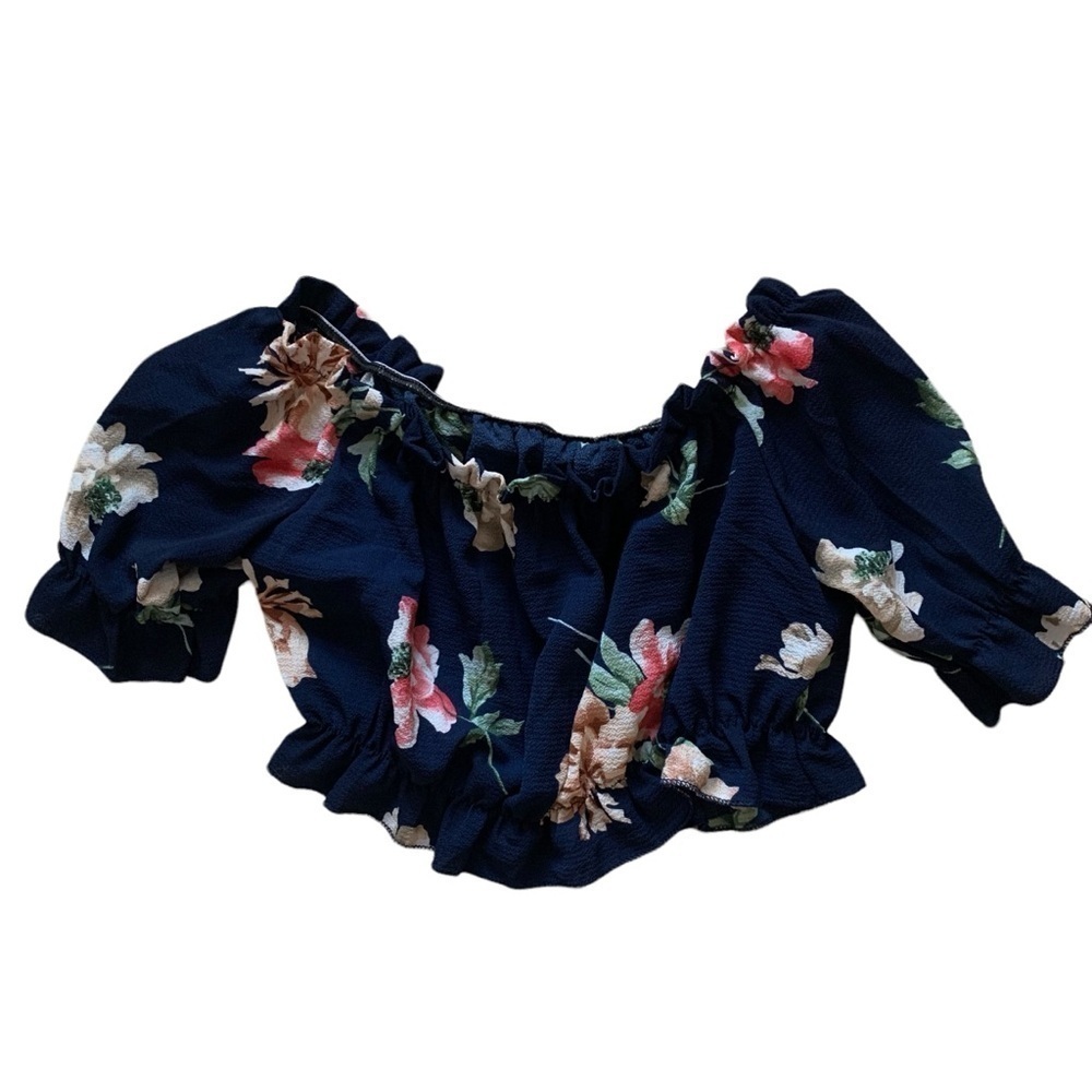 Navy blue ruffle crop top size small milk maid puff sleeve off shoulder​​​​​​